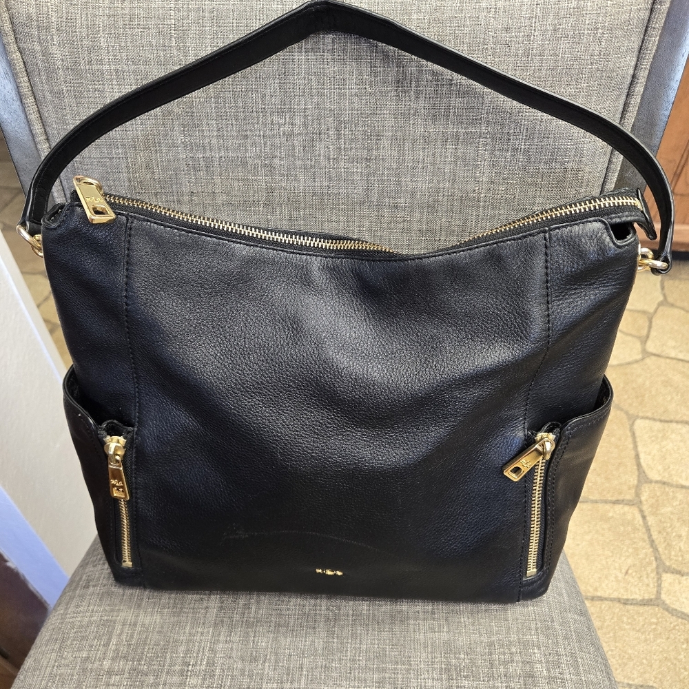 Lauren Ralph Lauren Black Pebbled Leather Hobo Shoulder Bag Purse